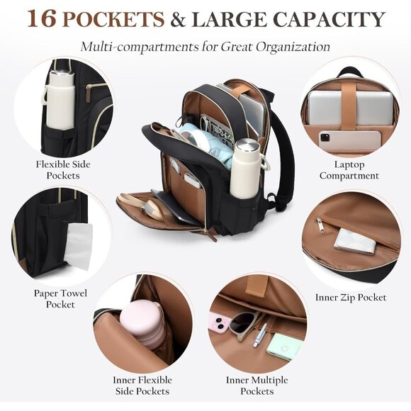 Women Black Computer Bag Casual Fits 16 Inch College Travel Backpacks - Picture 4 of 8